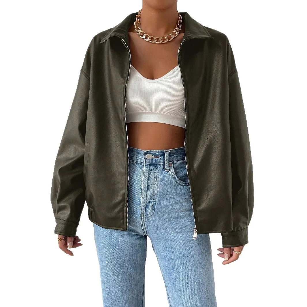 Solid Long Sleeve PU Leather Moto Jacket Women's Lapel Casual Outerwear 5