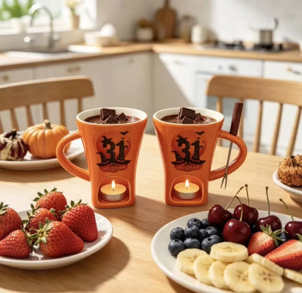 Ceramic Chocolate Melting Fondue Mug Multi-Style with Fork for Tabletop Party Christmas Halloween Family Gathering Gift