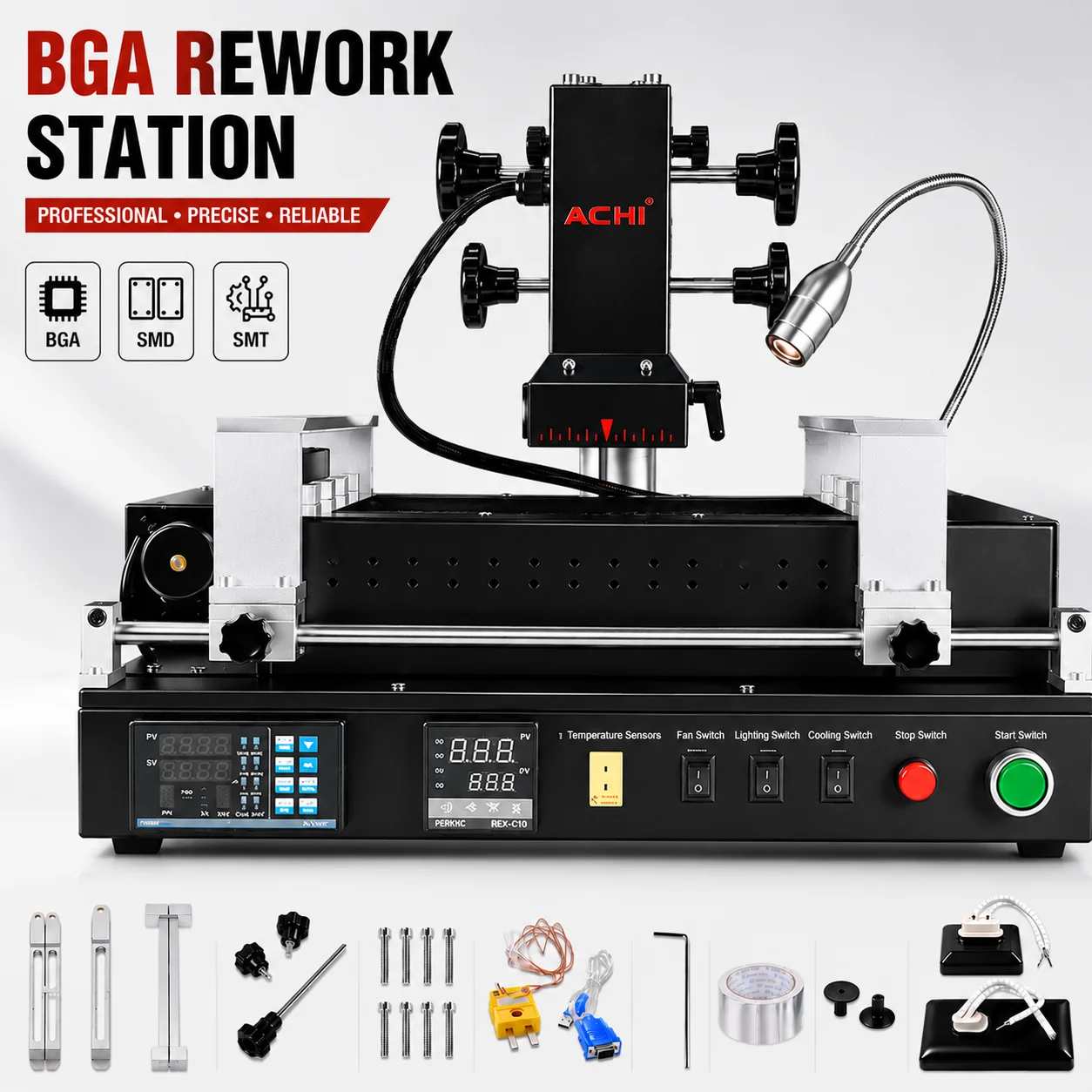 ACHI ACHI PRO SC Infrarot-BGA-Reworkstation für BGA-Reparaturen, mit präziser Temperaturregelung, stabiler Heizung und vollständigem Zubehör.
