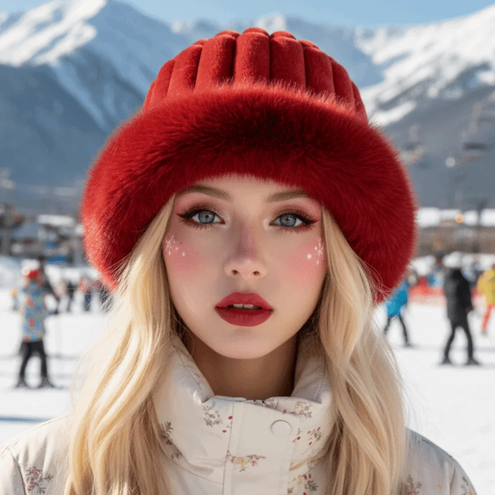 Vertical Texture Striped Fur Hat Faux Fur Brim Fleece Lining Plush Trapper Hats Soft Solid Color Puffy Bucket Cap Students