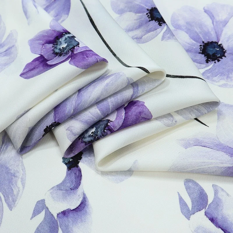 Purple Flying Flower Summer Thin Elastic Rib Double Qiao Mulberry Silk Fabric High Grade DIY Women's Dress Satin Crepe Fabric