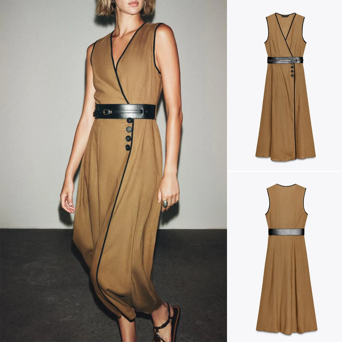 Herfst Dames Midi Dr Kleur Blo V-ne Svel Linnenmix Tailleriem Casual Sle X-vormige polyestervezel