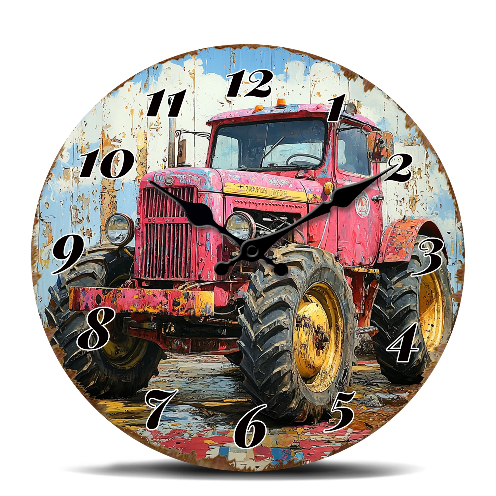 Vintage Red Tractor Wall Clock, Rustic Farm Vehicle Decorative Round Clock, Distressed Style Ornamental Timepiece for Garage Man