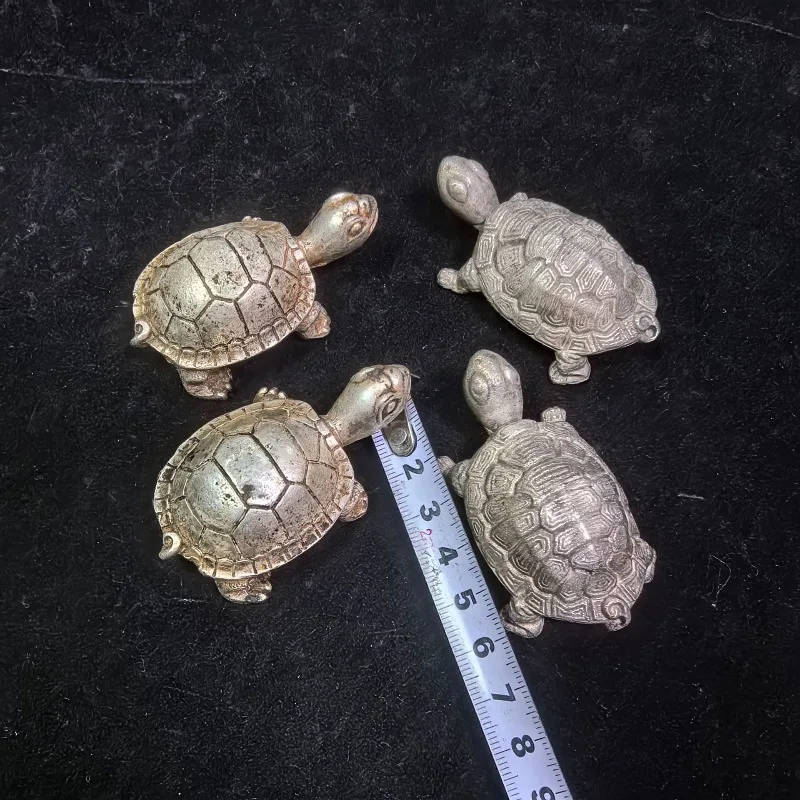Oriental Retro Silver Plated Mini Tortoise Statues Chinese Tea Pet Turtle Figurine Home Tabletop Decorative Ornament