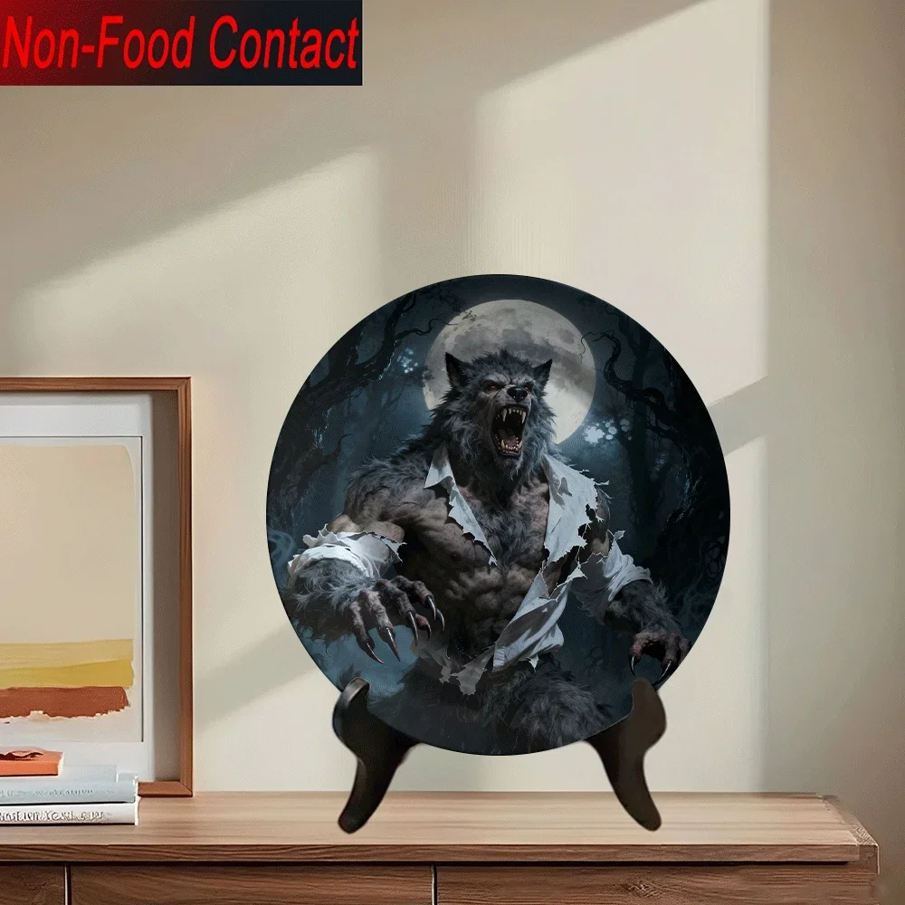 1pc Ceramic Decorative Plate - Wolf Night Forest Design, Non-Food Contact, Perfect for Home, Office, or Bedroom Decor, Ideal