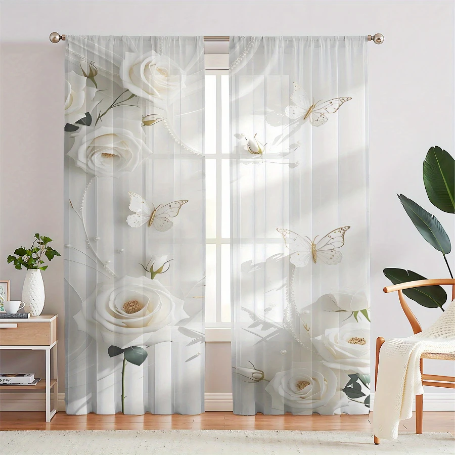 2PCS Digital Printing Sheer Curtain, White Roses Golden Butterflies Pattern, Romantic Luxury Wedding Bridal Bedroom Decor - view 4