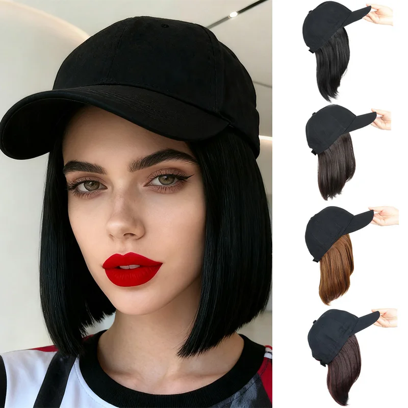 Synthetic 8Inch Short Bobo Hat Wig Black Baseball Cap Hair Extension Heat-Resistant Adjustable Hairpiece for Women