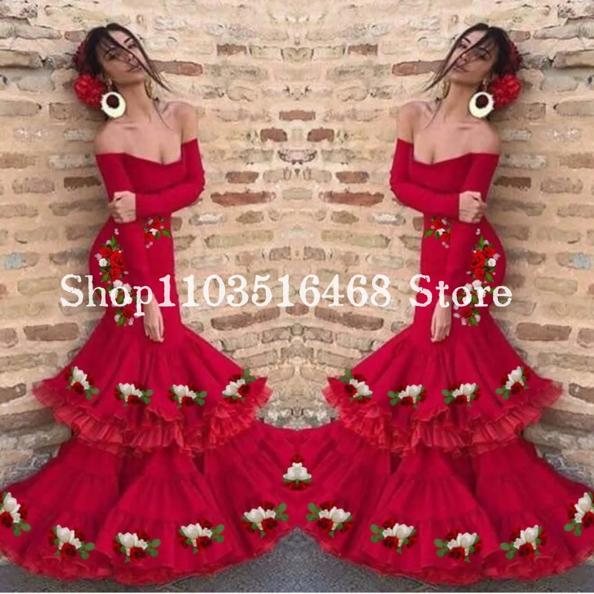 Вечернее платье испанской русалки на заказ без бретелек с рюшами для фламенко и длинными рукавами, танцевальное платье с 3D цветочной вышивкой платье вечернее