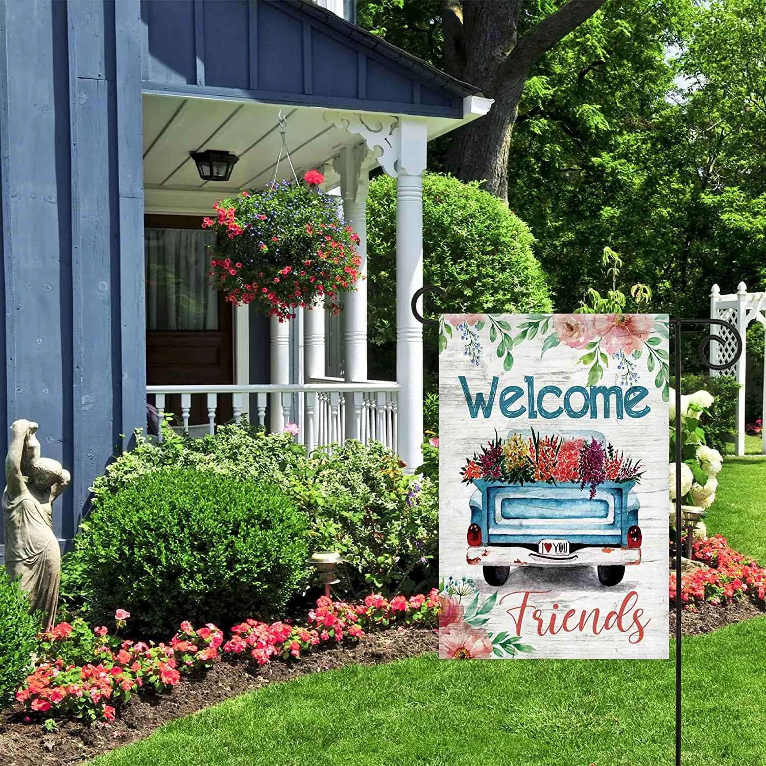 

Welcome Friends Decorative Spring Blue Truck Flower Bloom Garden Flag Banner for Outside House Yard Home Decorative