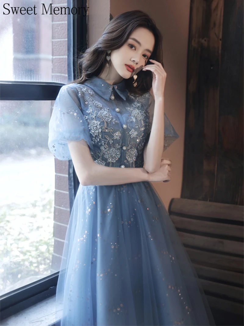 Gray Blue Tulle Prom Dresses Vintage Turn-Collar Illusion Lace Short Sleeve Graduation Gown Woman Girl Wedding Party Dress