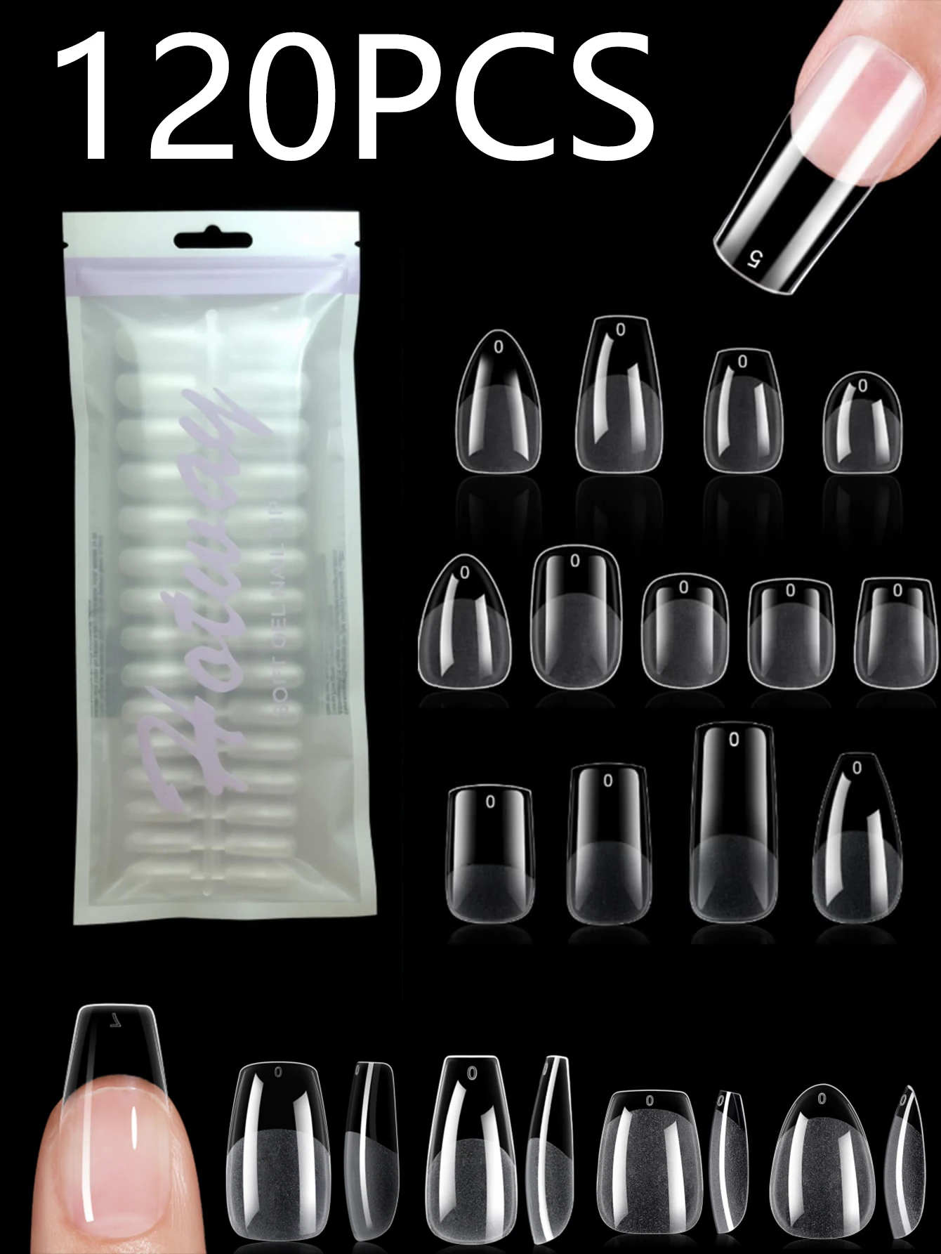 120 Pieces of Transparent Semi Frosted Fully Adhesive Nail Tips, Ranging from Short to Medium to Various Shapes, with 12-15 Size