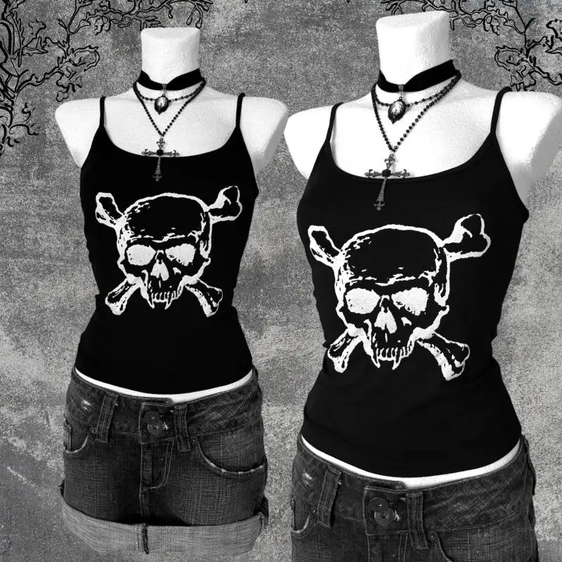 European and American cross border Women Y2K Punk Cami Top Hand Printed Gothic Skull Sleeveless Vest
