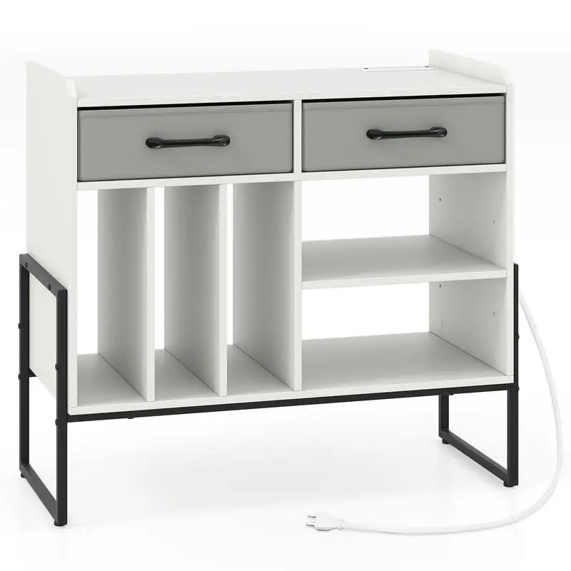 

Large Record Player Stand with Charging Station Mid Century Modern Vinyl Storage Cabinet-White