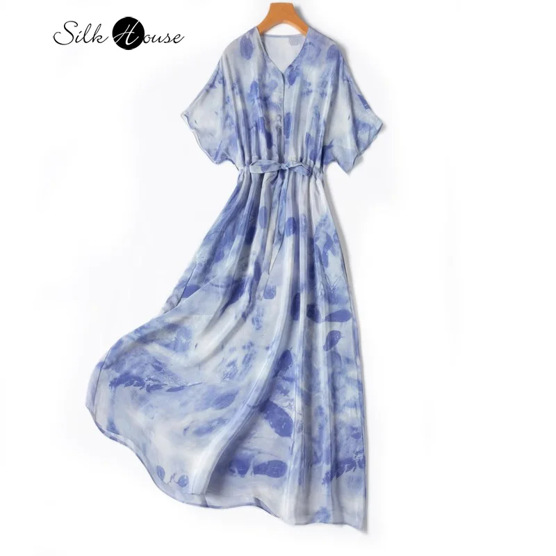 Artistic Blue Ink Blending 100% Natural Mulberry Silk Crepe De Chine V-neck Loose Drawstring Waist Women's Casual Print Dress