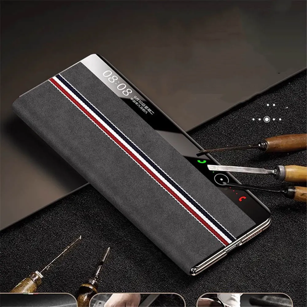Genuine Skin-feel Suede Leather Flip Case for Huawei Mate X6 Window View Bracket Cover