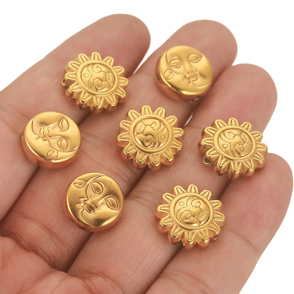 5PCS Stainless Steel 15MM Large Gold Plated Smiley Sun Moon Bead Spacer Metal Beads for Needlework Jewelry Making DIY Bulk