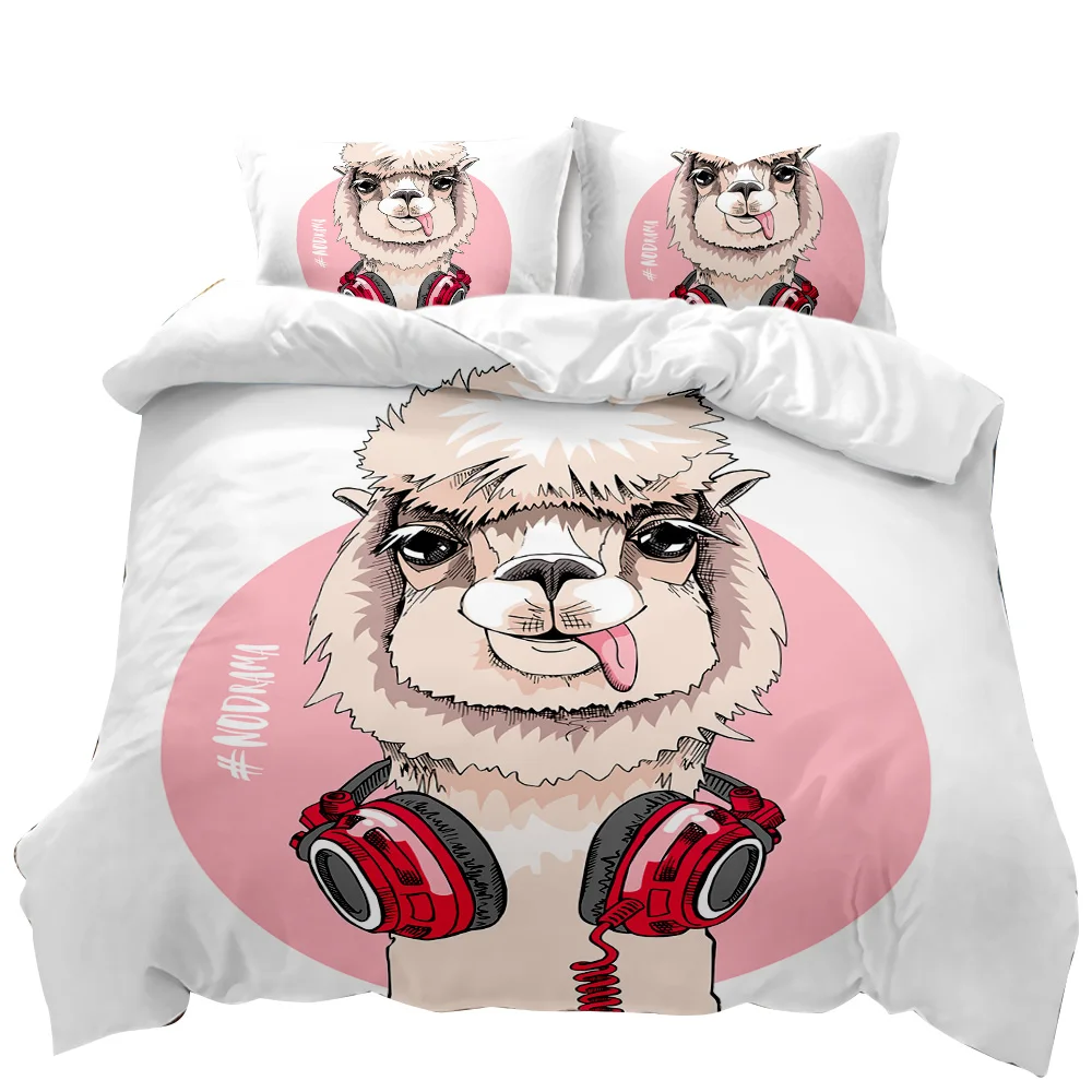 Alpaca Duvet Cover Kids Girls Alpaca with Headphones Duvet Cover Cartoon Alpaca Polyester Comforter Cover Double Queen King Size