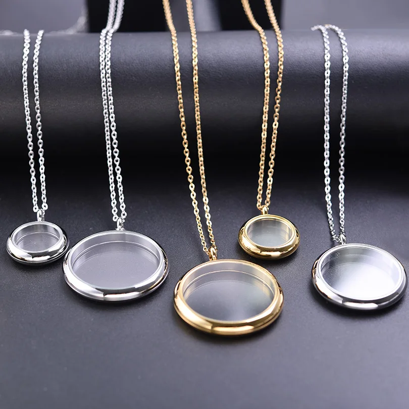 Collares con colgante de medallón giratorio de alta moda para mujeres y hombres, joyería con memoria, foto, abalorio flotante, medallones de acero inoxidable DIY, regalo