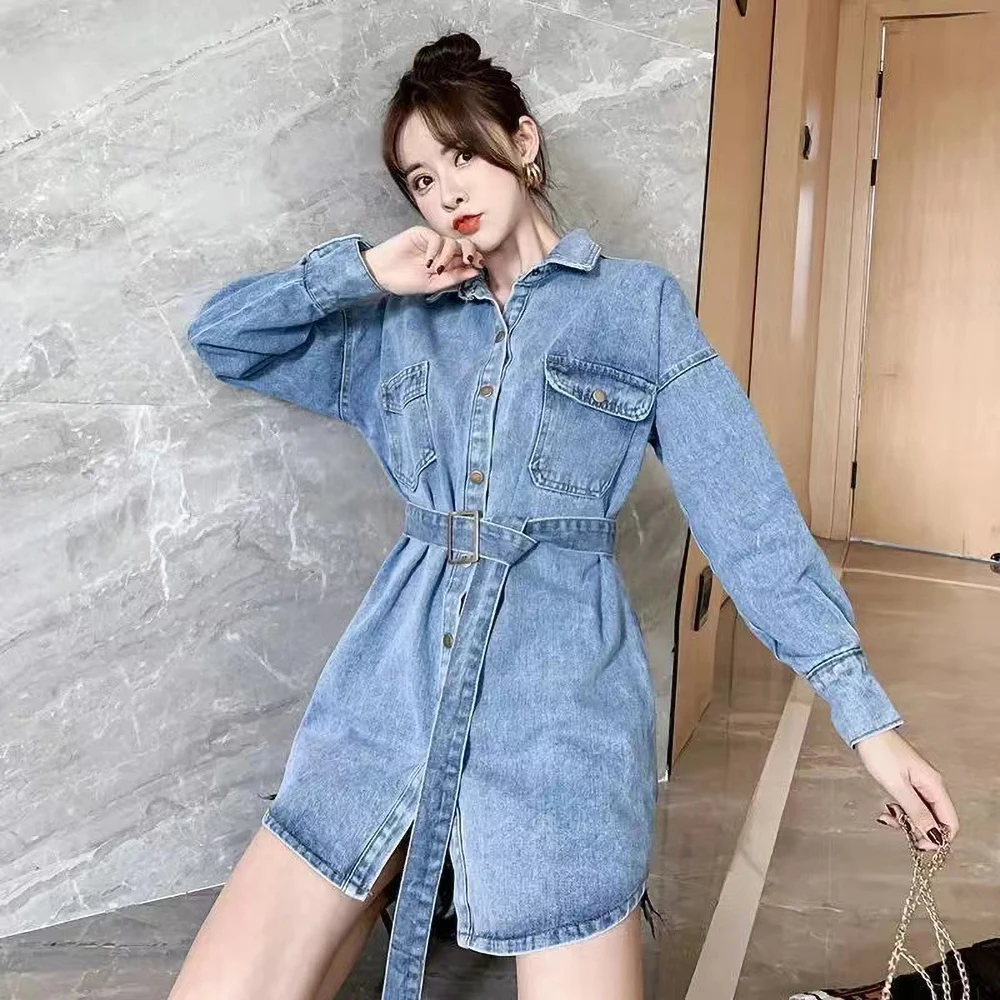 Damen Langarm Jeans kleid Herbst neue lose koreanische vielseitige schlanke Hemd kleider Retro mittellange Jeans jacke