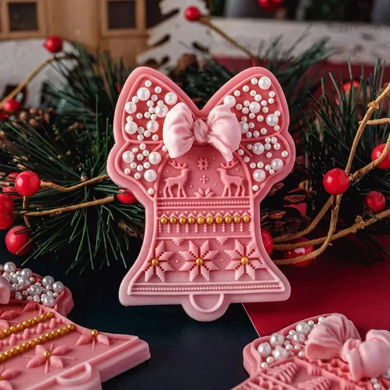 

Christmas Bell Flip Sugar Biscuit Molds Bow Wind Bell Cookie Cutter and Stamp Cake Dessert Decoration DIY Mould Baking Tools