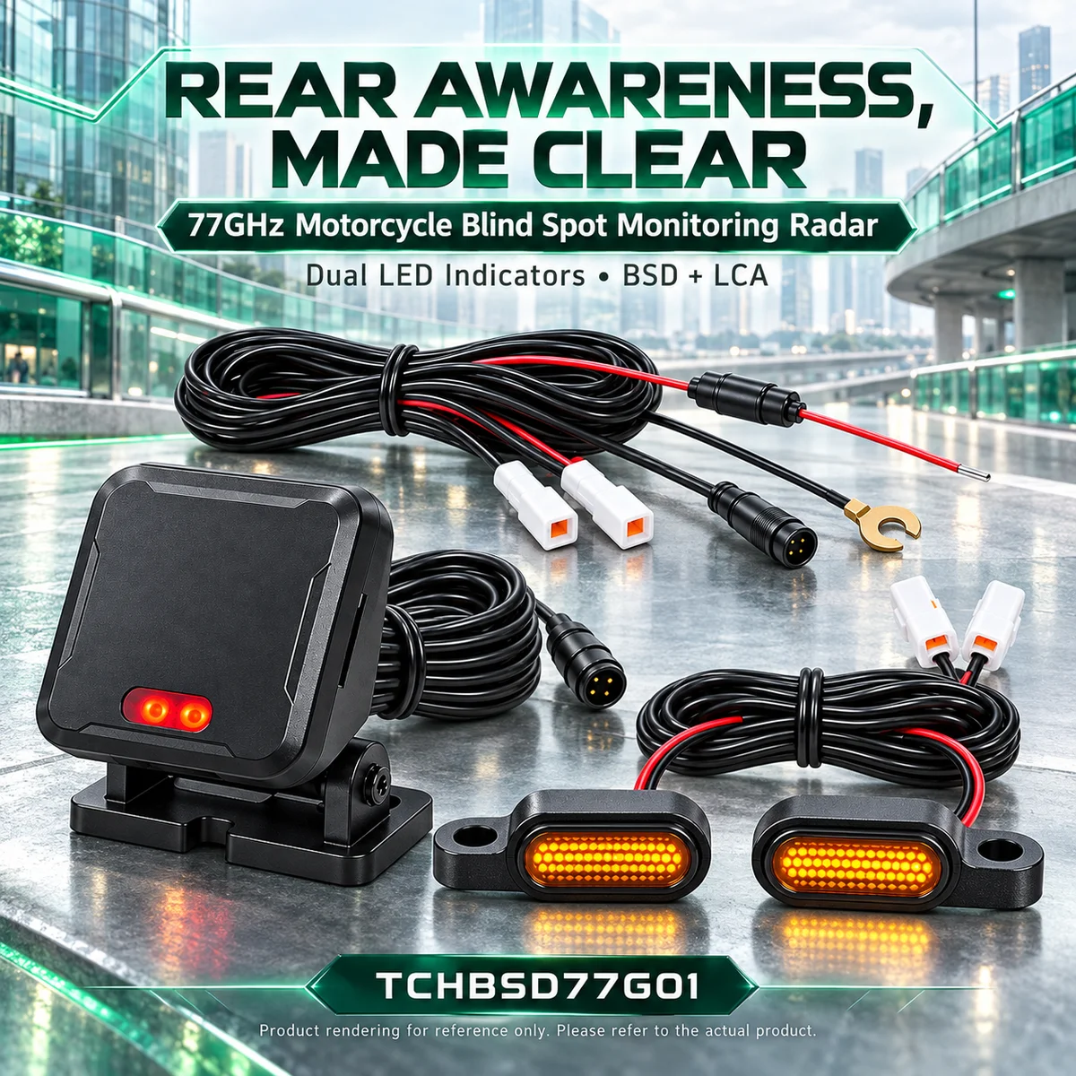77GHz Motorcycle Blind Spot Monitoring Radar System with Dual LED Warning, BSD 8.4m LCA 50m Up to 70m