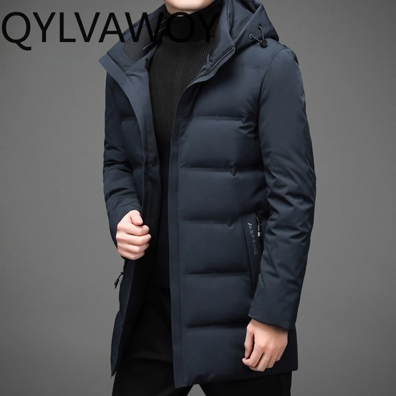 QYLVAWOY 90% مادة البولي أميد للرجال شتوي متوسط الطول مع قلنسوة ملابس خارجية شتوية للأب LJ2169