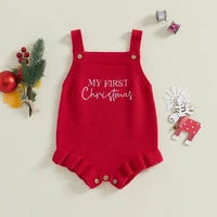 Baby Girl Knit Romper Sleeveless Square Neck Letter Print Ruffle Bodysuit Newborn Overalls 3