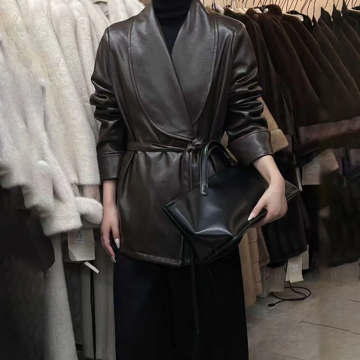 BJTZ, solapa con muescas, cinturón en la cintura, abrigo de cuero PU, gabardina gruesa de invierno para mujer, prendas de vestir exteriores elegantes y cálidas para otoño