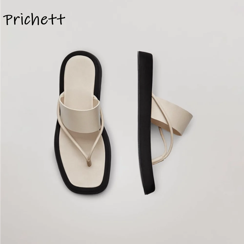 Flip Flops Thick Soled Slippers Straight Strap Solid Round Toe Leisure Shoes Summer All Match Concise Fashion Roman Shoes