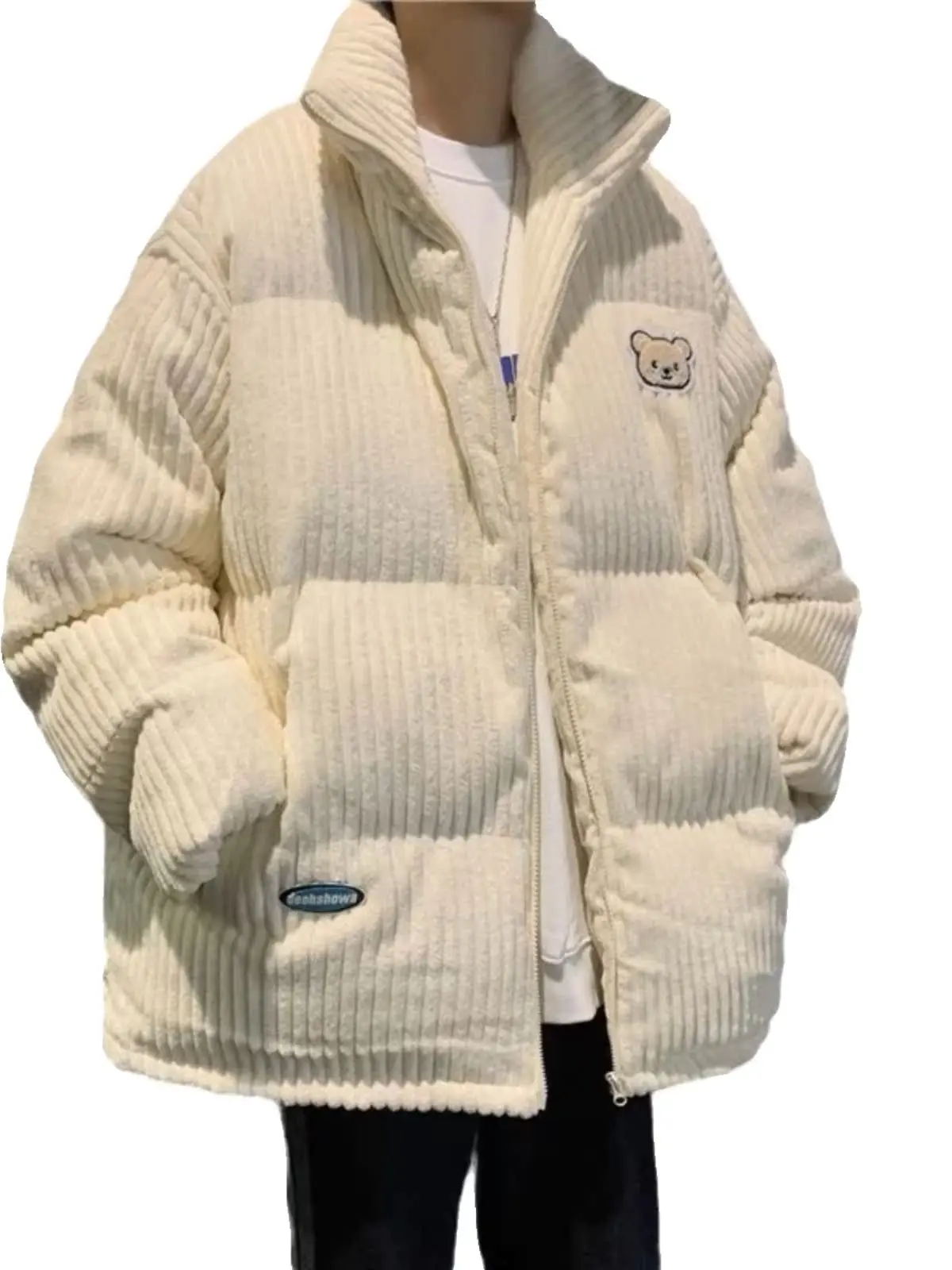 

Winter Thiened Cotton Jaet Men's New Sle Bear Embroidery Cotton Padded Vest Warm Youth Faion Loose Fit Couple Coat