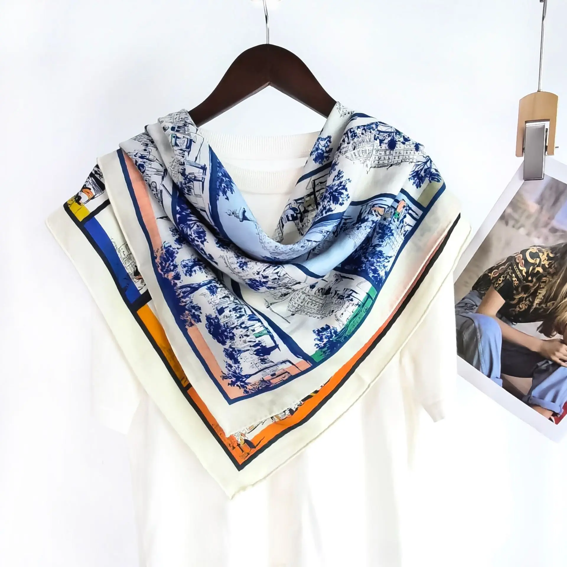 Women's 70% Wool 30% Silk Square Scarf Paris City Street Print Bandana Colorful Rainbow Border Neck Scarf Head Wrap