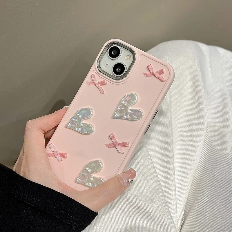 Pink Love Bow Cute Simple 14promax for Apple 15 Phone Case Iphone13 Stereo Laser 11 for 12 Soft Small Fresh