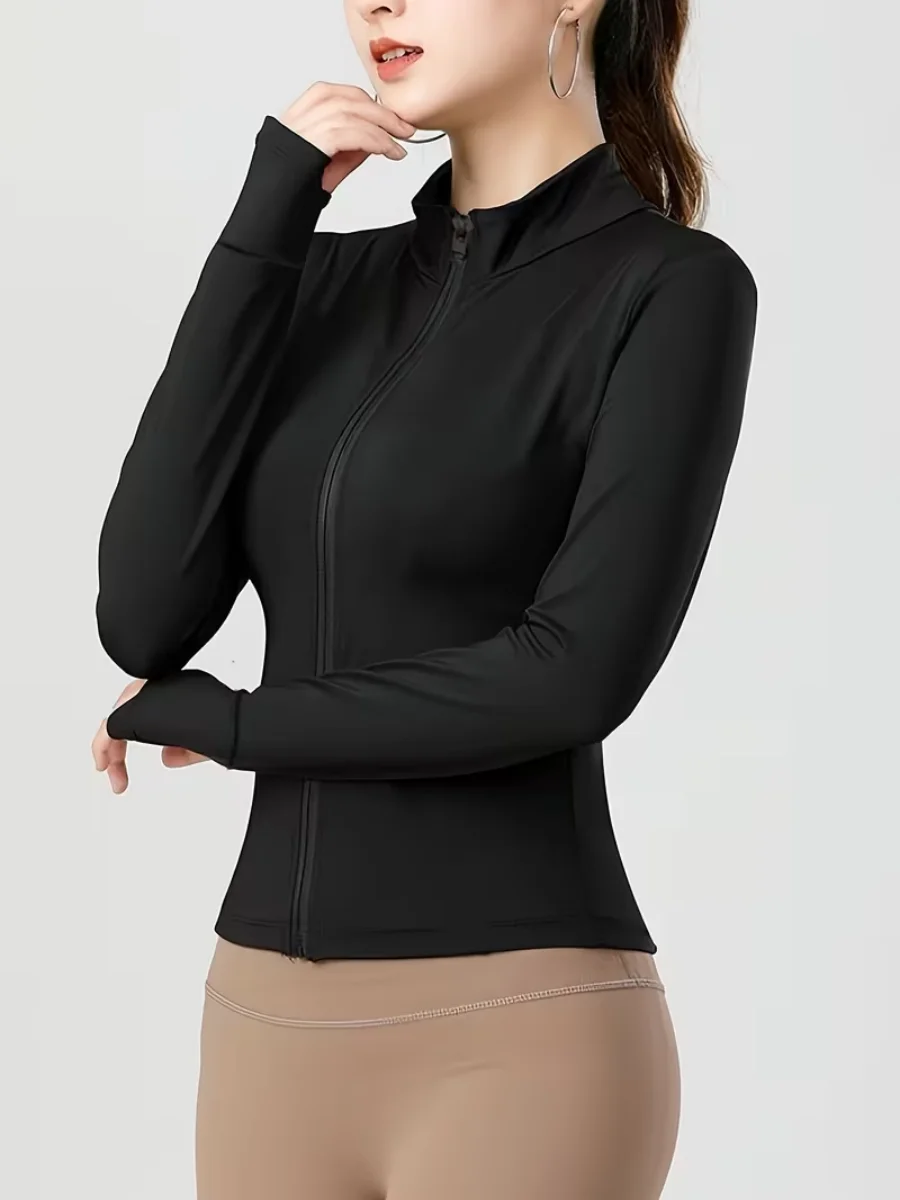 

Женская приталенная куртка с воротником-стойкой, открытый кардиган на молнии, спортивная одежда с длинными рукавами, быстросохнущая плотная одежда для фитнеса