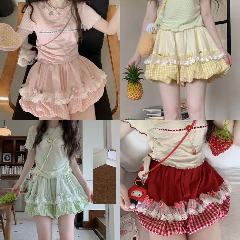 Cottagecore Kawaii cintura elástica Bud Culottes mujeres dulce encaje Casual Patchwork linterna pantalones cortos diseño adorable pantalones finos a cuadros