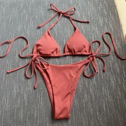 Set Bikini solido da donna Sexy Tie perizoma costume da bagno stile fasciatura costumi da bagno brasiliani Set di biancheria intima