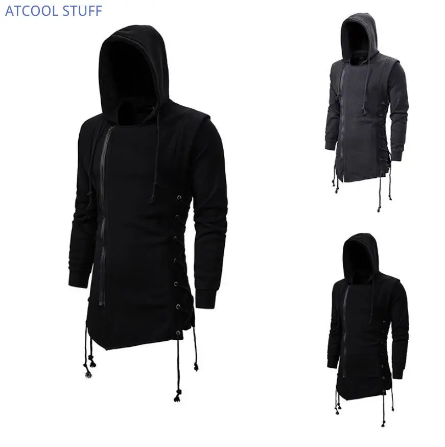 

Men's Steampunk Slim Fit Hooded Jacket Side Zipper Autumn Drawstring Sweatshirt Medieval Gothic Darkness Knight Cosplay Costume