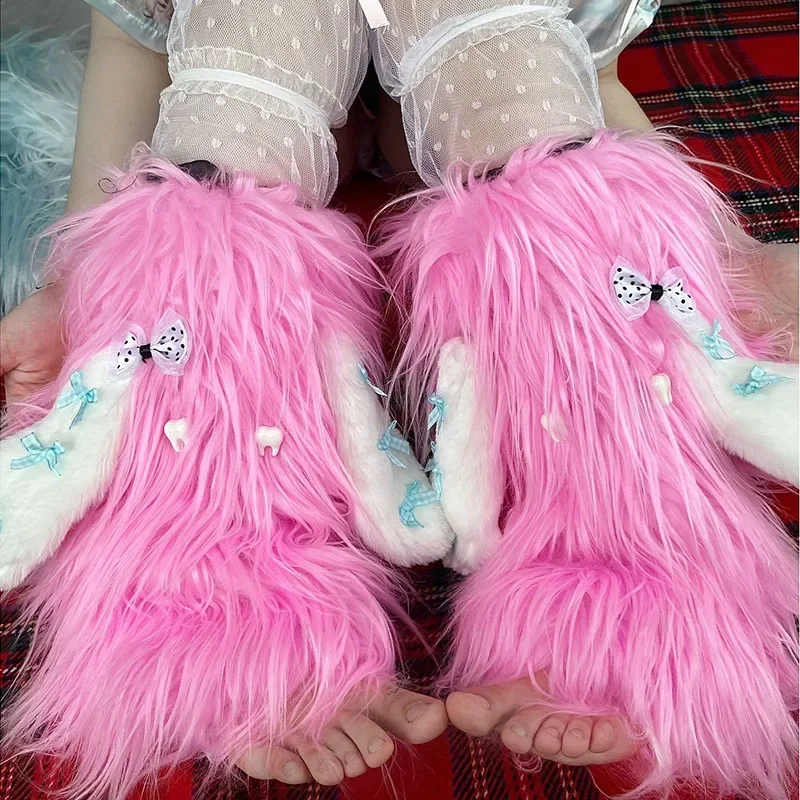 

Pink Kawaii Fur Leg Warmers JK Lolita Cute Bow Long Rabbit Ear Winter Warm Boots Cover Leg Socks Harajuku Party Accessories