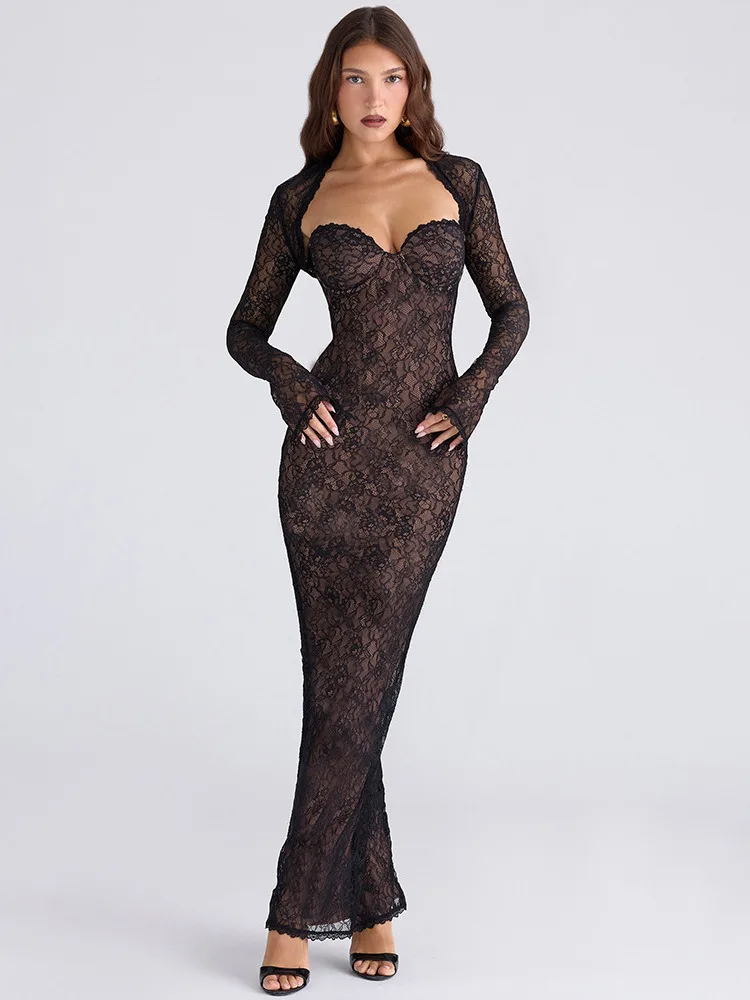 

XIAOTANG Elegant Lace Sheer Shawl Long Sleeve Top Two-Piece Set Women Sexy Tight Mermaid Dress Set Fall Party Club Evening Dress