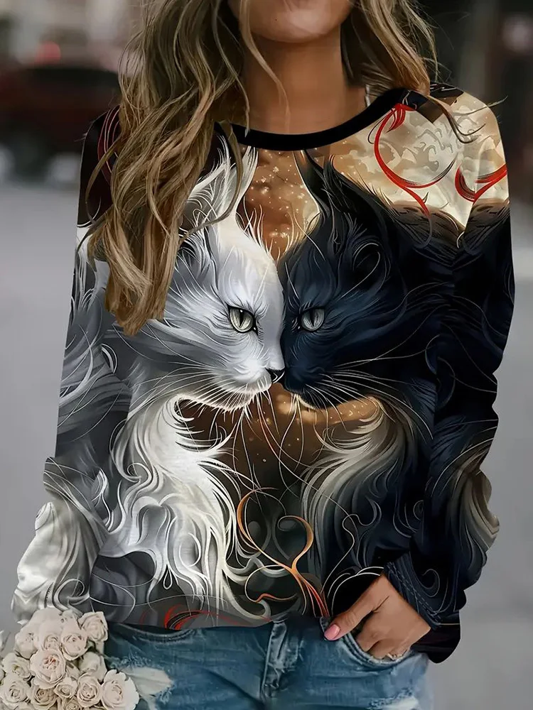 

Daily Casual Women's T-shirt For Autumn And Winter 3D Cat Print Women's Fashionable Long-sleeved T-shirt Urban Street Style Top
