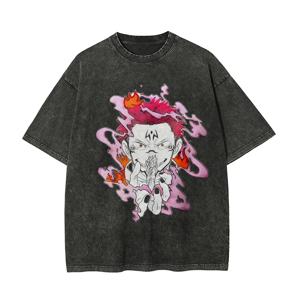 Sukuna T Shirt Jujutsu Kaisen Men Acid Wash Cursed Finger Eater Anime Streetwear King of Curses Pink Flame Tee