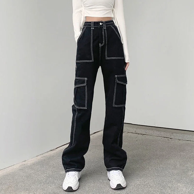 Jeans preto cargo com bolsos para mulheres, calças jeans retas de cintura alta, calças compridas de perna larga harajuku, streetwear, 2023