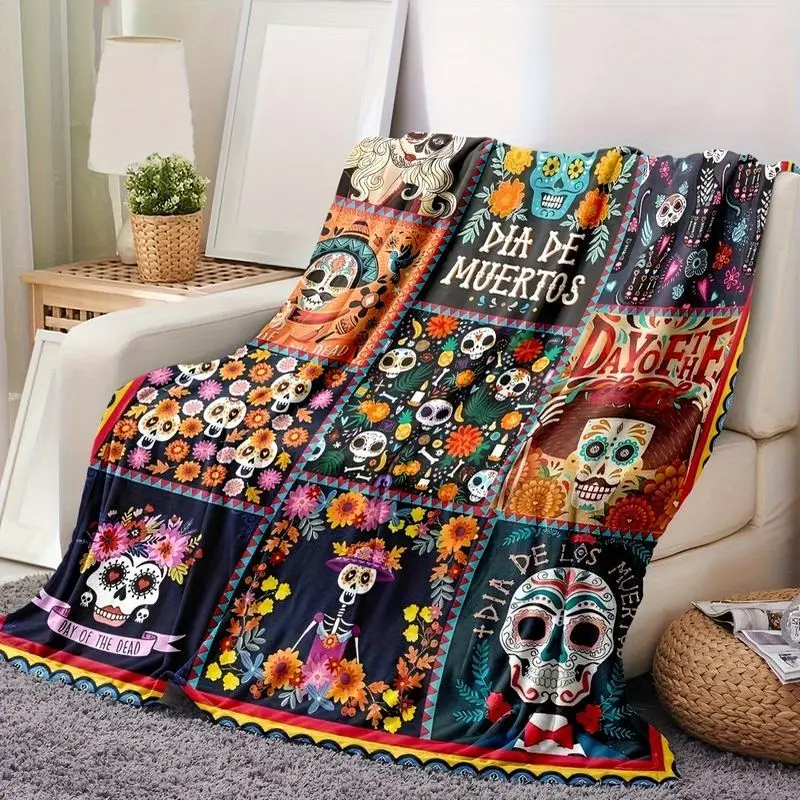 VIKAMA Sugar Skull Flannel Throw Blanket Dia De Los Muertos Floral Skeleton Lightweight Sofa Bed Blanket Home Festival Decor