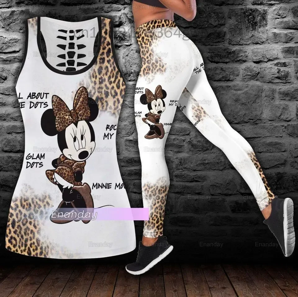 Disney Minnie Mickey Women's Hollow Vest Women's Leggings Yoga Suit Fitness Leggings Sports Suit Tank Top Legging Set Outfit