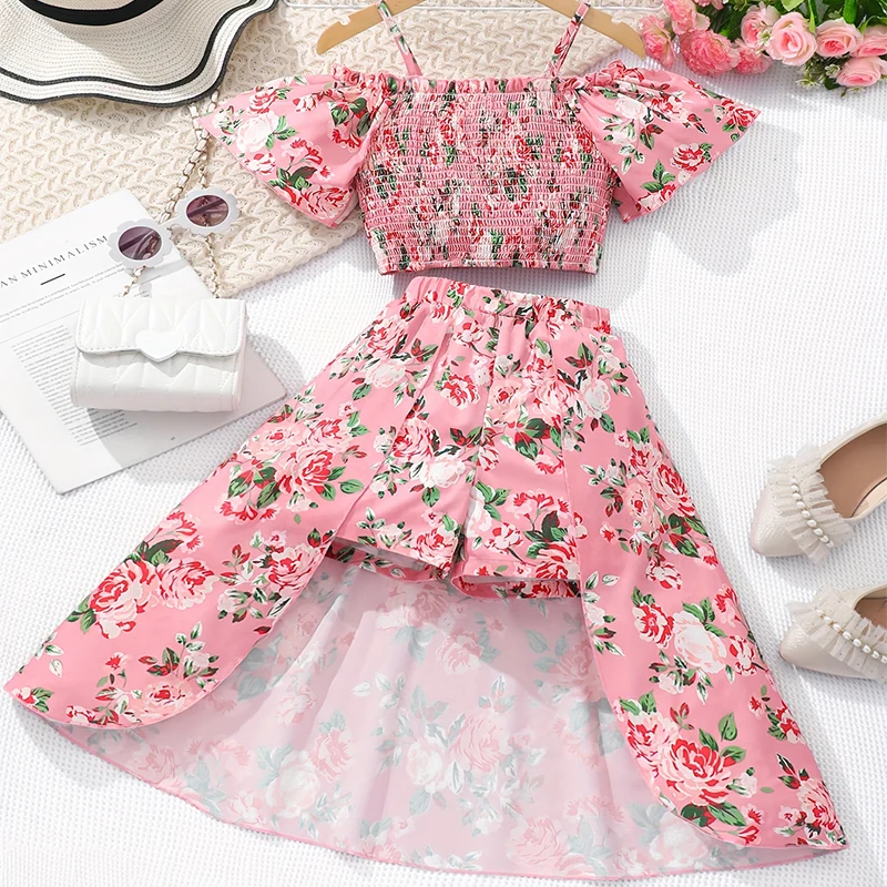Zweiteiliges Sommer mädchen niedlichen atmungsaktiven Schulter gurt gedruckt kurz ärmel igen Rock Hosen Prinzessin Geburtstags feier Kostüm Set