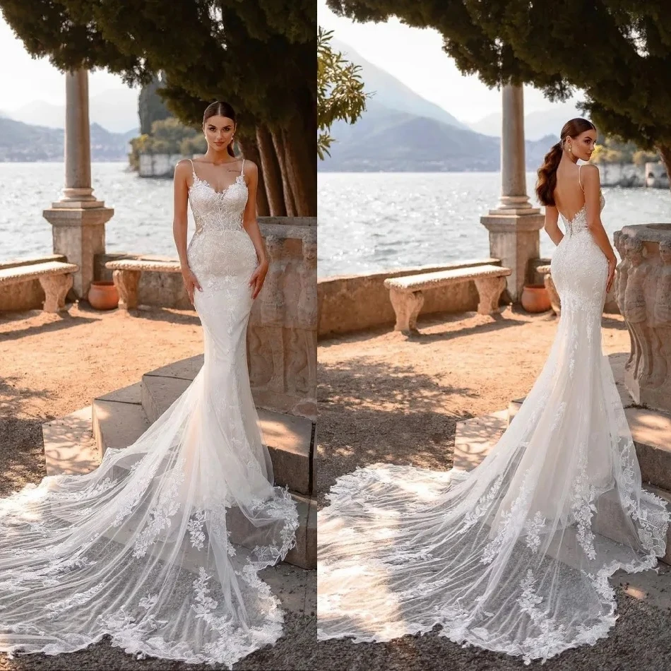 

Sexy Open Back Mermaid Vestidos De Novia Appliques Vestido De Noiva Spaghetti Straps Wedding Dresses Lace Robe De Mariée