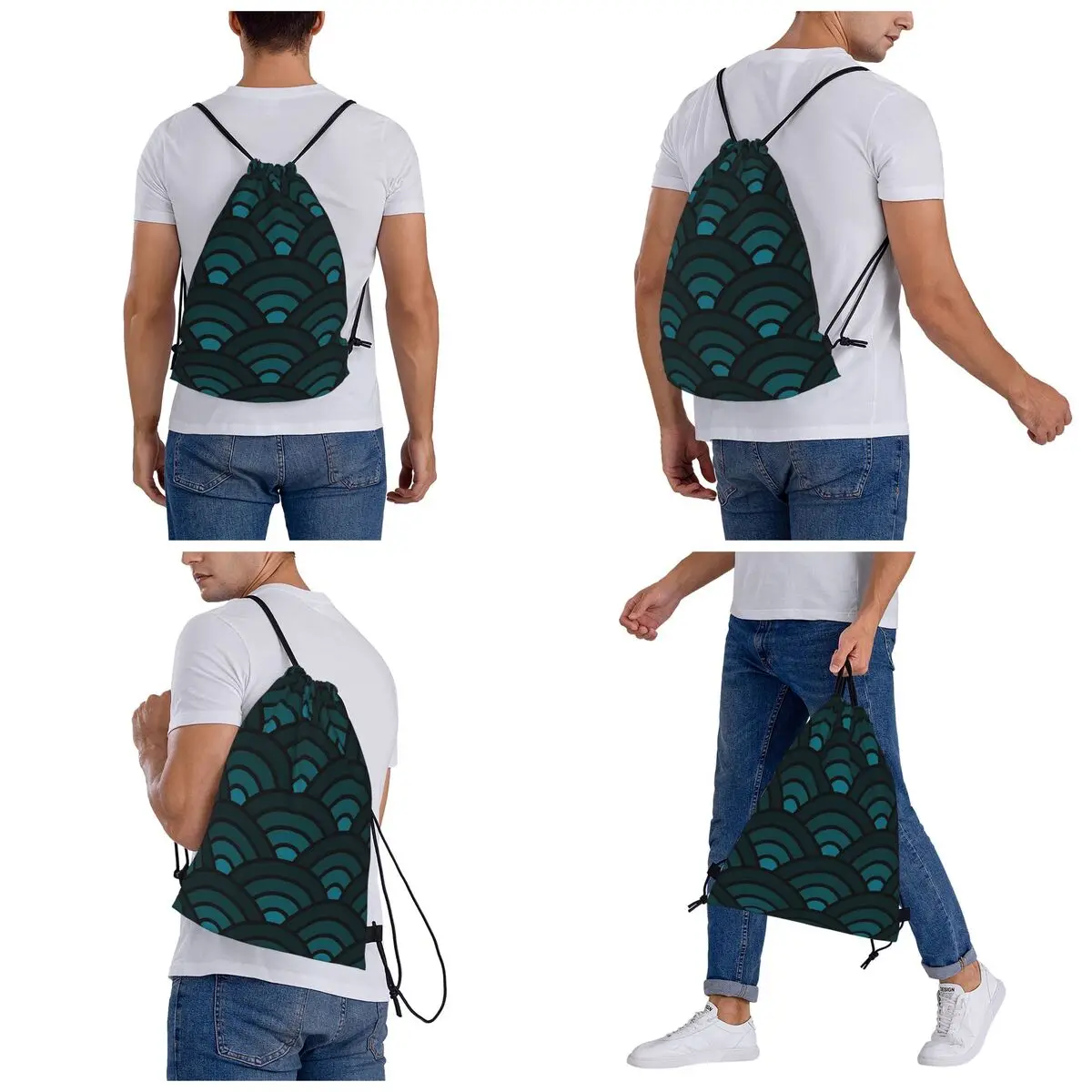 Seigaiha Pattern. Dark Teal Color Backpacks Multi-function Drawstring Bundle Pocket Sports Bag Book Bags for Man Woman Students