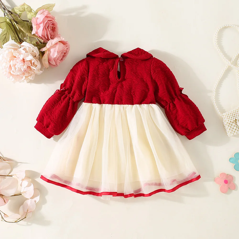 Spring and Autumn Baby Girl Dress Solid Color Dark Pattern Long Sleeve Top Splicing Butterfly Knot Mesh Dress for Girls