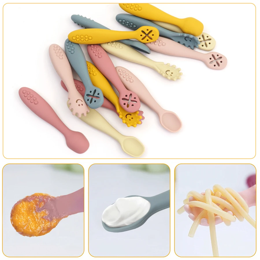 Juego de utensilios para bebé, cuchara y tenedor de silicona, comida de alimentación para niños pequeños, aprender a comer, entrenamiento, tenedor