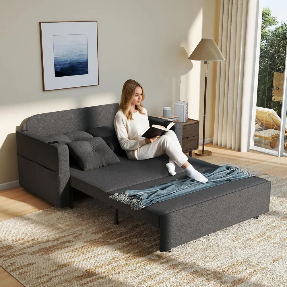 

3 in 1 Sofa Bed, 56 Inch Convertible Pull Out Couch, Loveseat Sleeper Sofa with Cup Holders, USB, Sofa Couches for Living Room