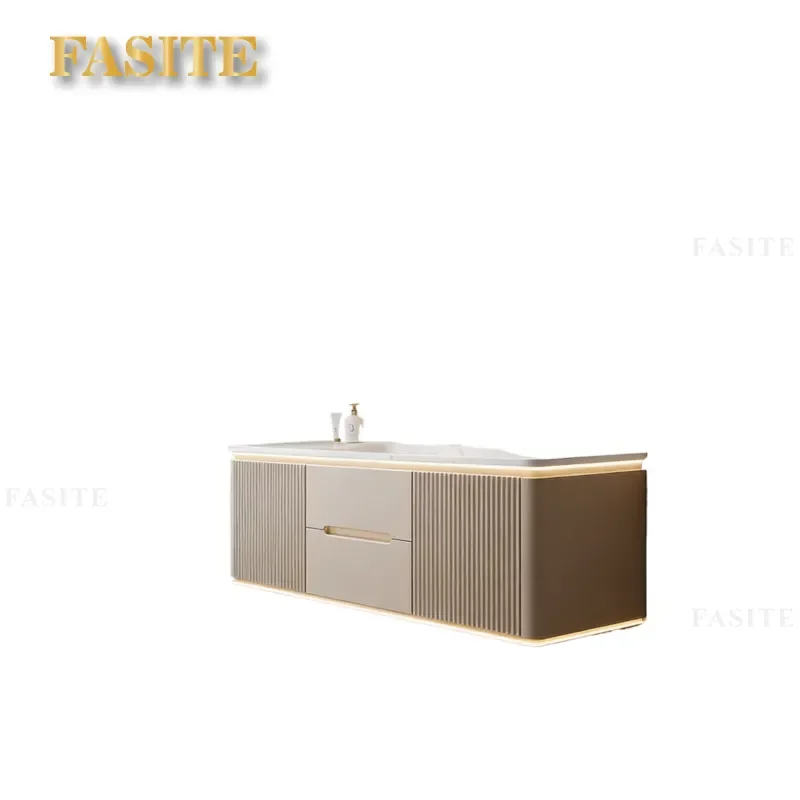 For Rock Slab Hot Bending Integrated Double Basin Bathroom Cabinet Oak Hand Washing Washbasin Combined Cream Style Modern